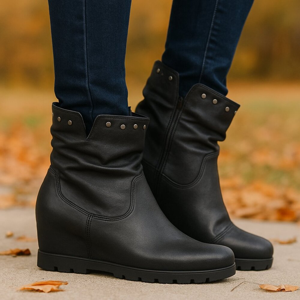Italian Black leather studded hidden wedge ankle booties by agora size 41